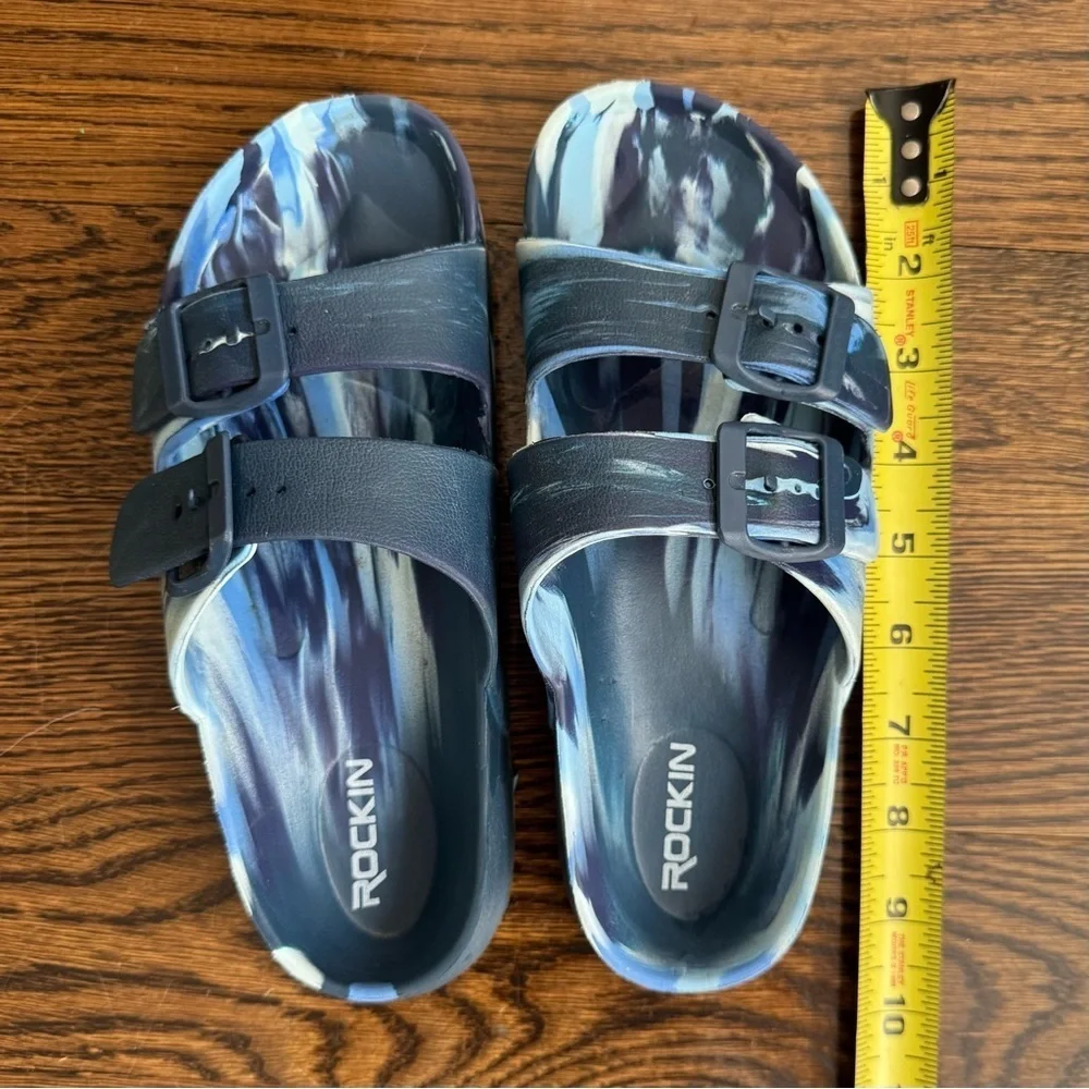 Rockin Blue Marble Double Buckle Slide Sandals Waterproof Beach Pool Shoes 6